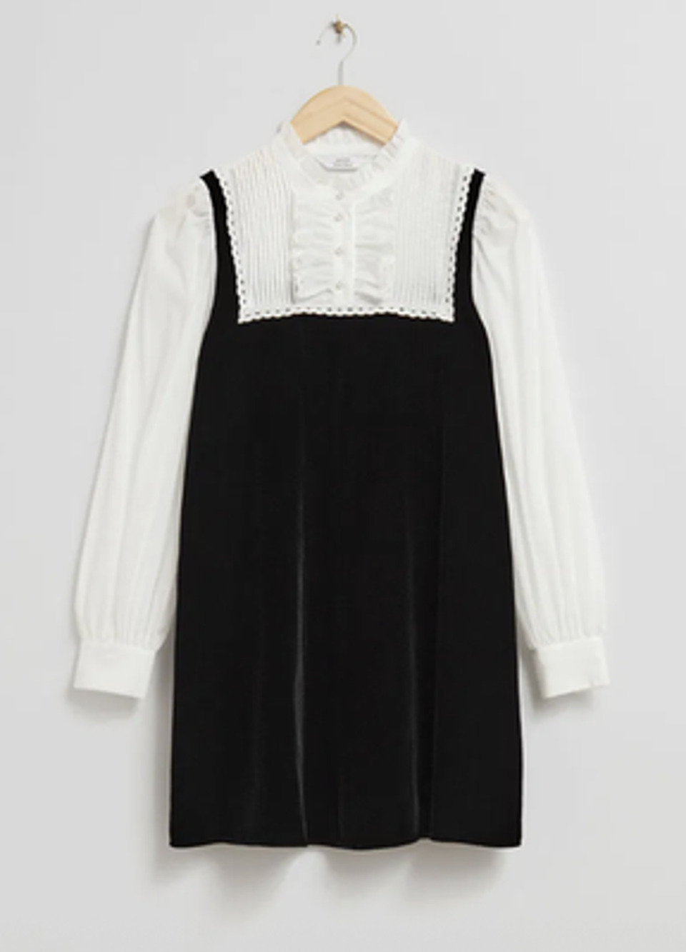 & Other Stories Dress Womens M Black Velvet White Bib Ruffle Frilled Lace Mini